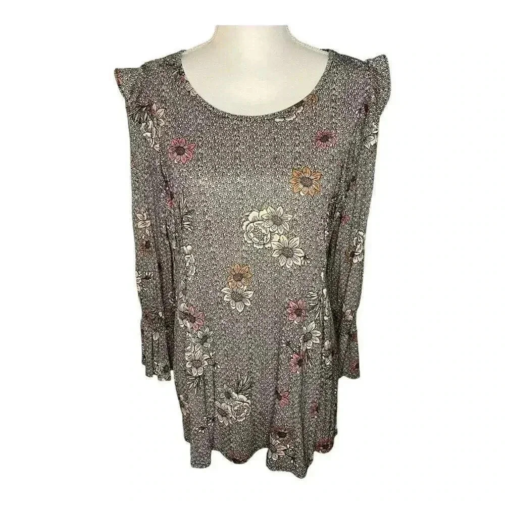 Style & Co Women’s Large Grey Floral Top with Ruffles